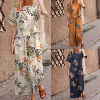 Cross-border New Women's Clothing Amazon TEMU Printed Cotton and Linen Position Flower Short-sleeved Casual Ankle-length Pants Set