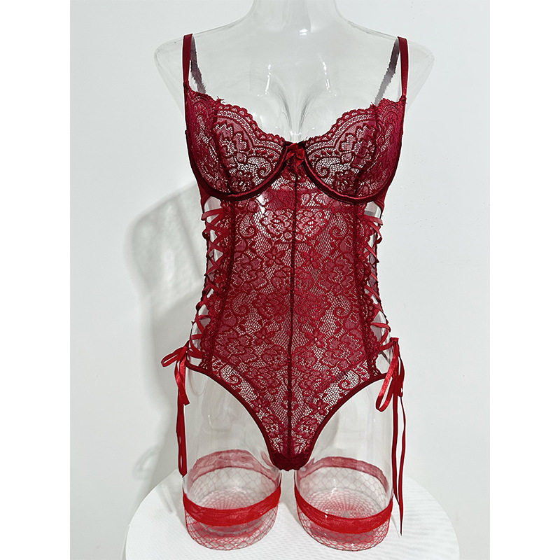 European and American Cross-Border Women's Lace Sexy Jumpsuit Suspenders Cross Straps Body Shaping with Stockings Sexy Intimates Set