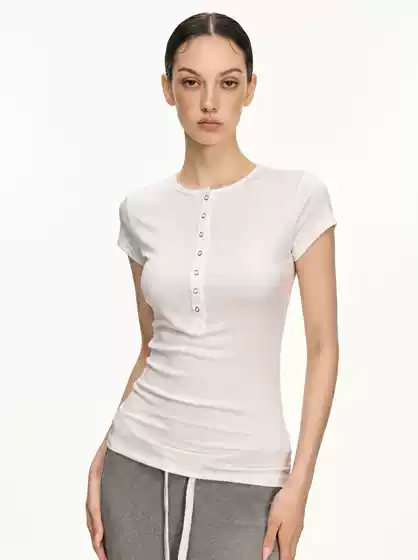 Lyocell Henley Collar Slim Fit Lightweight Regular Shoulder Short Sleeve T-Shirt for Women 2026 Summer New Style Slimming High-End Top