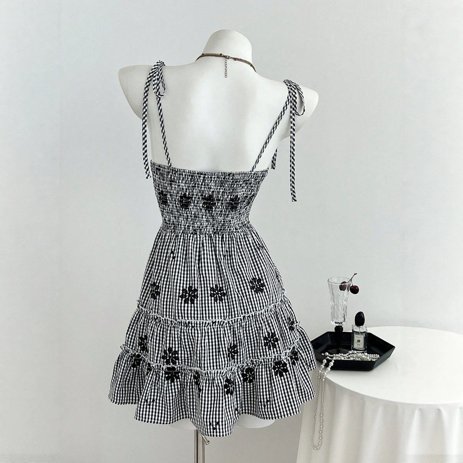 Summer Plaid Ruffle Hem A Line Dress Waist Defining Elegant Lightweight Fabric Perfect for Casual Outings Ready to