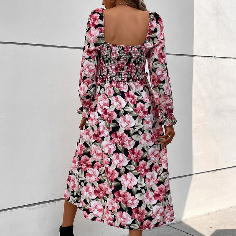 Floral Print Backless Dress Fashionable Elegant Comfortable Spring and Autumn Wear Wholesale Available