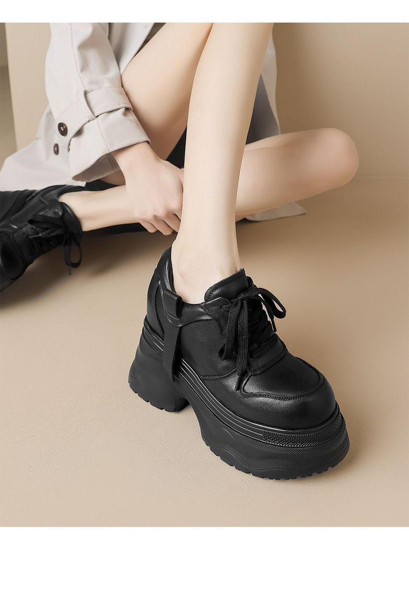 Giày sneaker nữ da bò thật đế dày tăng chiều cao 12cm dáng dad shoes buộc dây — Màu đen, Màu trắng