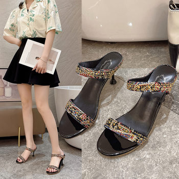 European and American Foreign Trade High-Heeled Sandals, Slip-On Style, 2026 Summer New Open-Toe Women's Shoes, Thin Heel, Outdoor Wear, Half-Slip Women's Shoes, Trendy