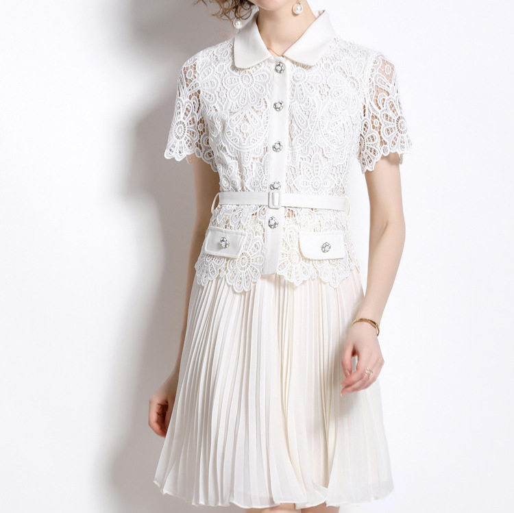 French Style Short Sleeve Lace Top with Button Ruffled Fashion Skirt Set Summer Wear for Women Wholesale Available