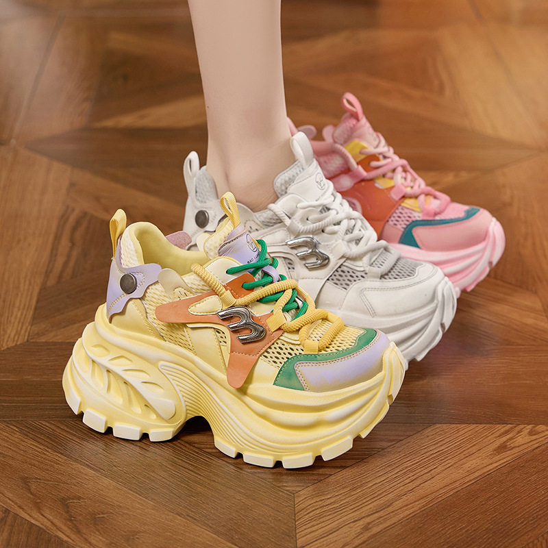 Giày sandal nữ cao gót mũi tròn quai ngang đế dày thoáng khí — Xám lưới đơn, Vàng lưới đơn, Hồng lưới đơn