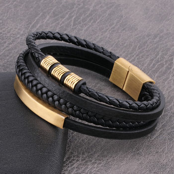 Factory direct cross-border explosions stainless steel leather rope bracelet men's multi-layer simple woven leather bracelet wholesale