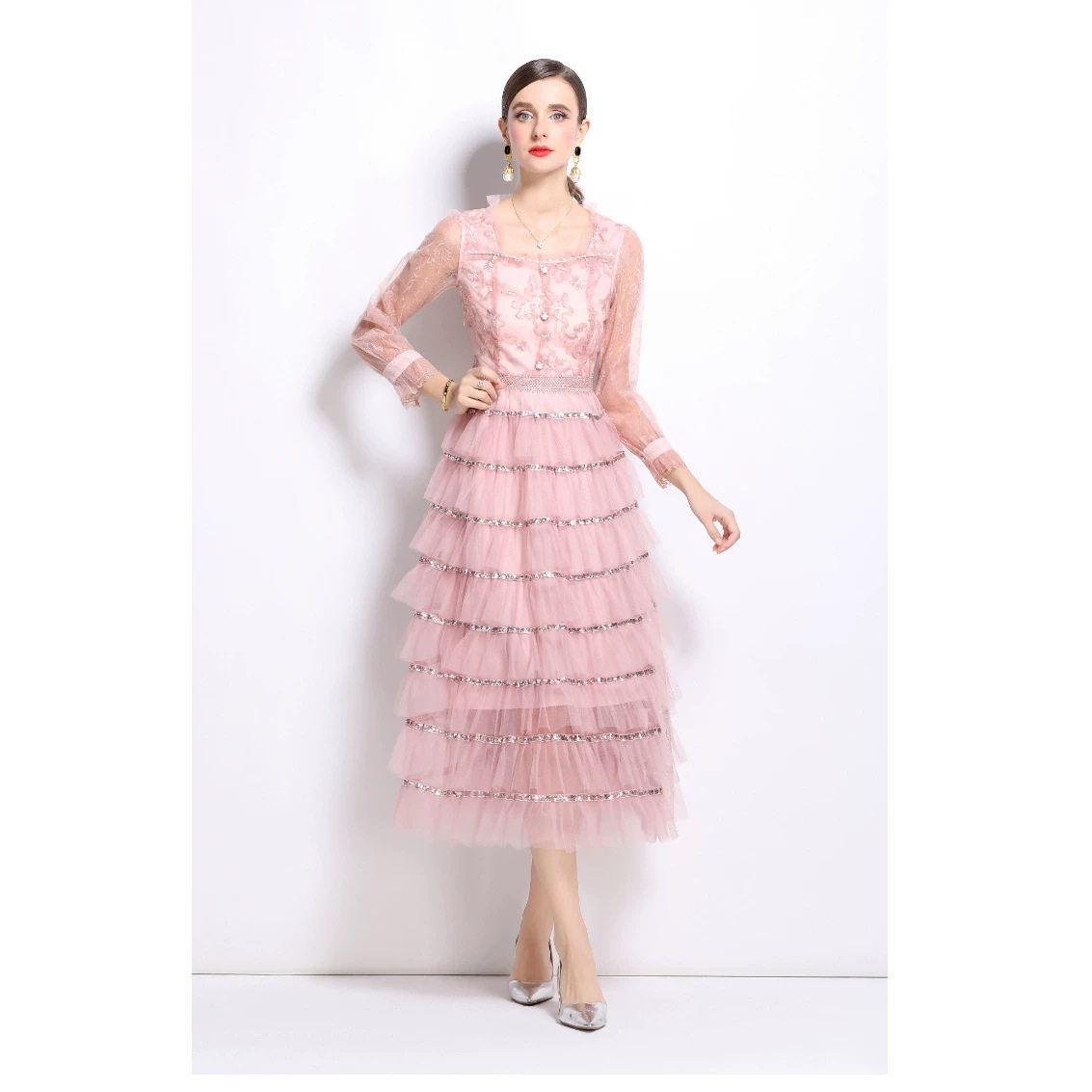Elegant Long A Line Dress for Women Square Neck Sequin Patchwork High End Luxury Perfect for Formal Events and