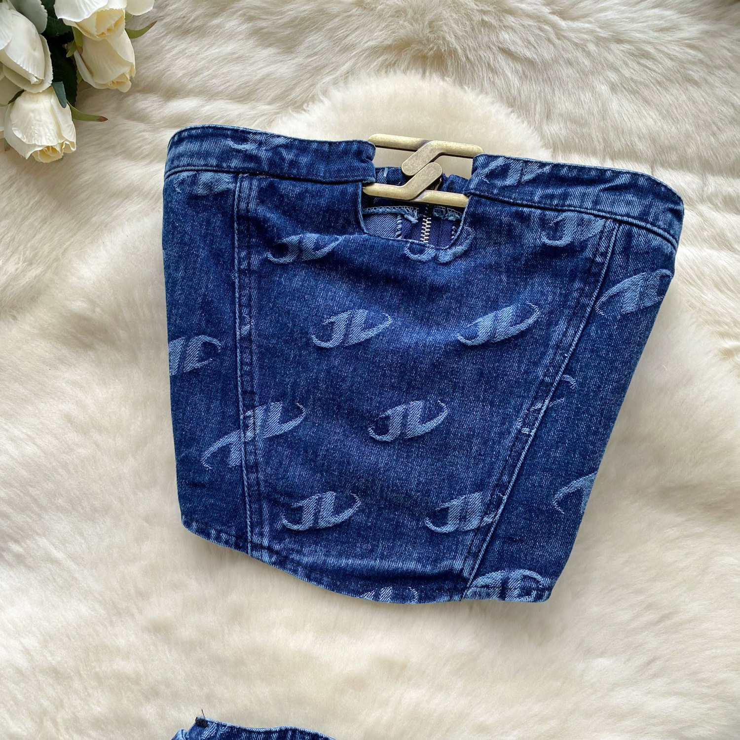 Metal Buckle Floral Print Strapless Top and High Waist Slim Fit Jeans Set for Women Summer Casual Wear Wholesale