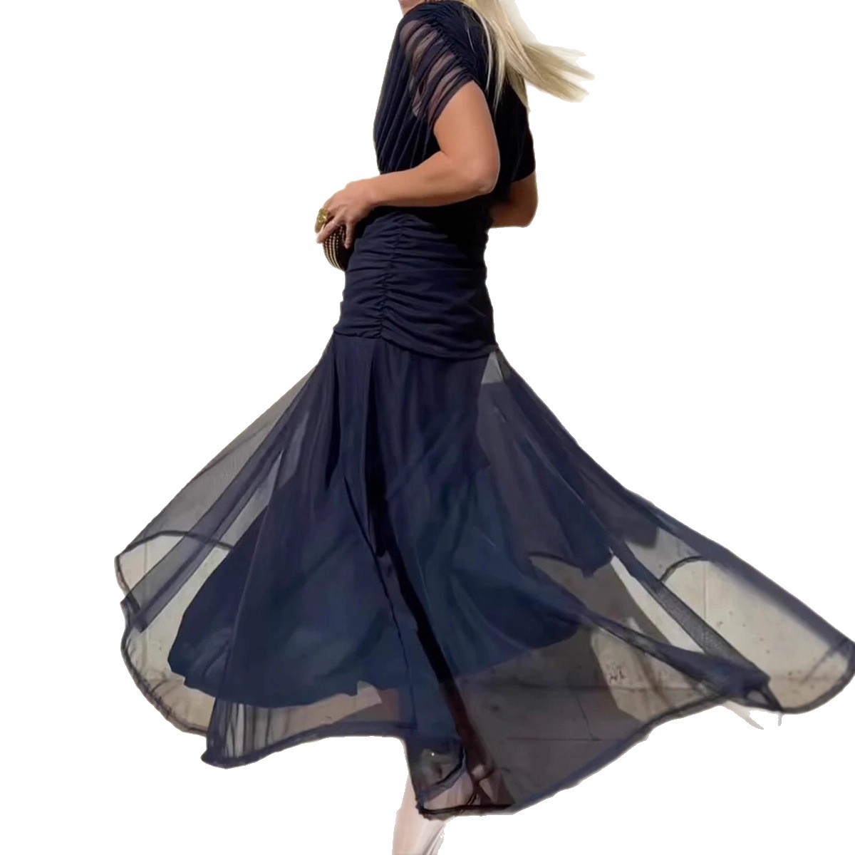 Elegant Womens Solid Color Deep V Neck Mesh Dress Waist Defined Autumn Style Wholesale Available