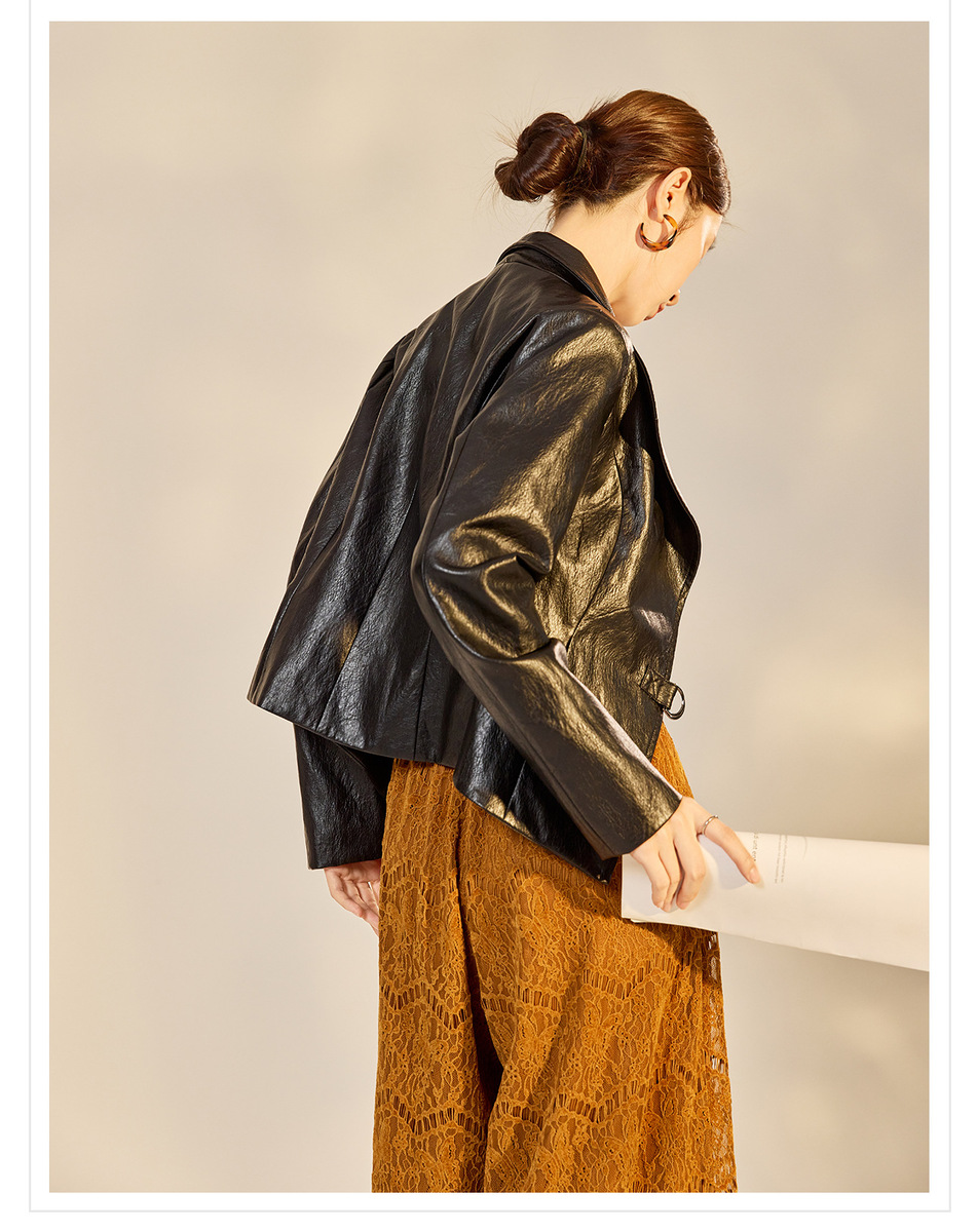 Áo khoác da nữ dáng ngắn cổ chữ V buộc dây phong cách retro — Đen Mộc Ngọc (giao hàng trong 7 ngày), Đen Mực Ngọc (Giao hàng trong ngày)