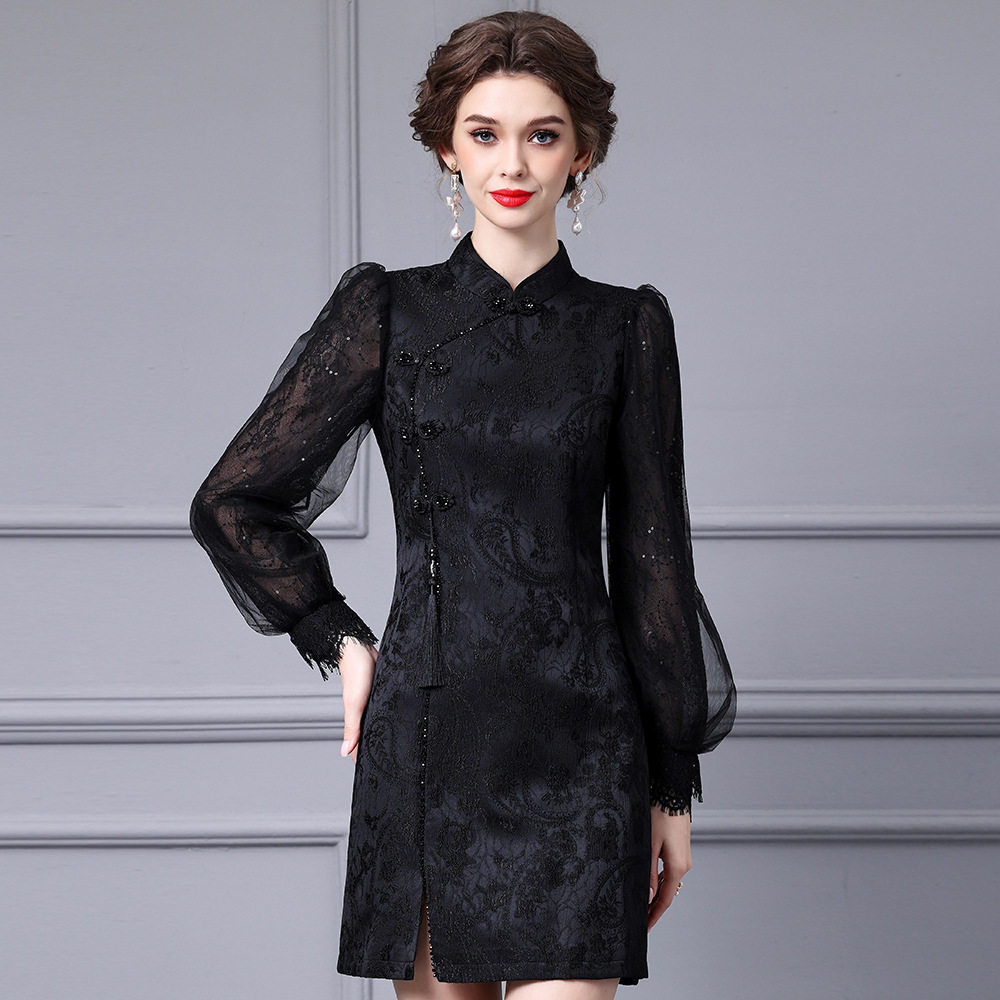 Đầm Sườn Xám Nữ Họa Tiết Gấm Jacquard Ren Lưới Tay Phồng Cổ Tàu Cách Tân Màu Đen