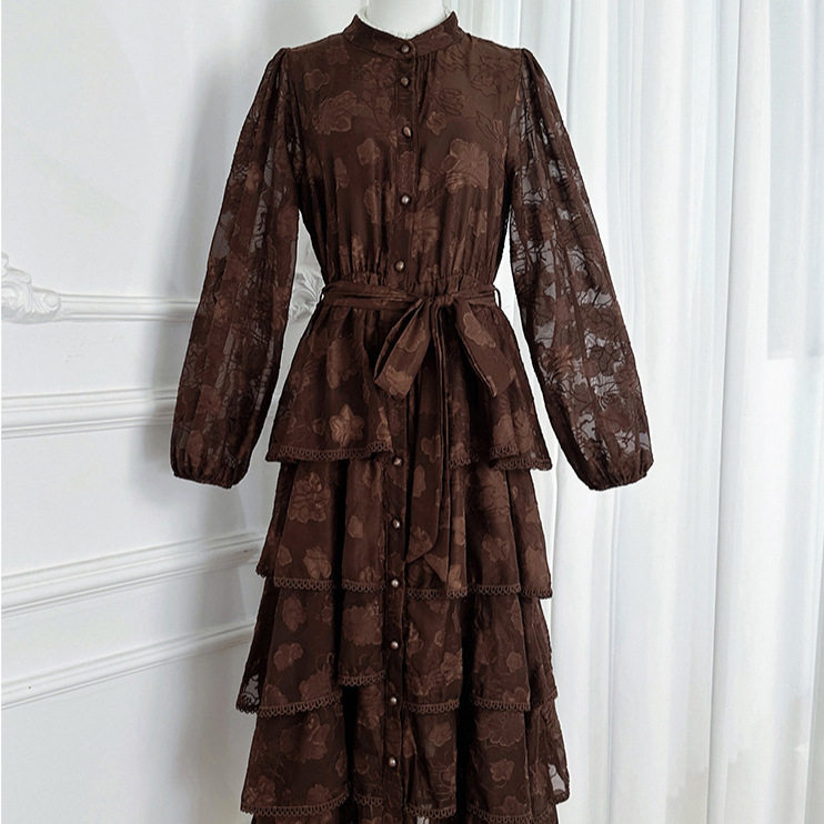 Elegant Lace Trimmed Ruffled Hem Dress High End French Style Waist Tie Slim Fit Autumn Fashion for Women Wholesale