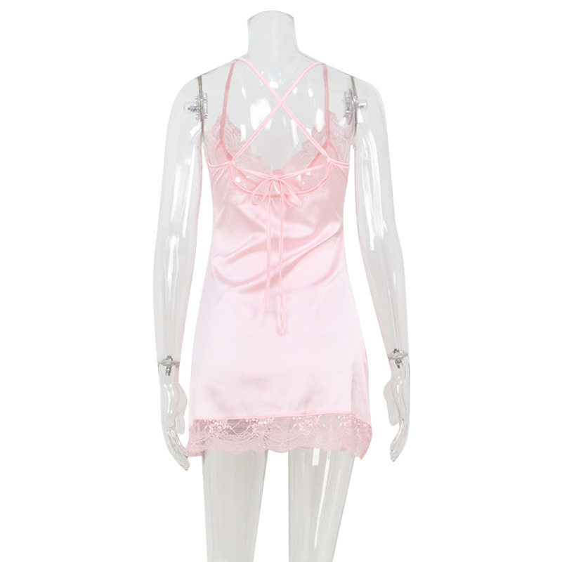 V Neck Lace Trim Satin Dress Soft Skin Friendly Fabric Pink Color Summer Style Wholesale Available