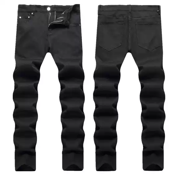 New In-Stock Street Style Black Men's Jeans, Personalized Stretchy Trendy Slim-Fit Mid-Waist Long Pants for Men