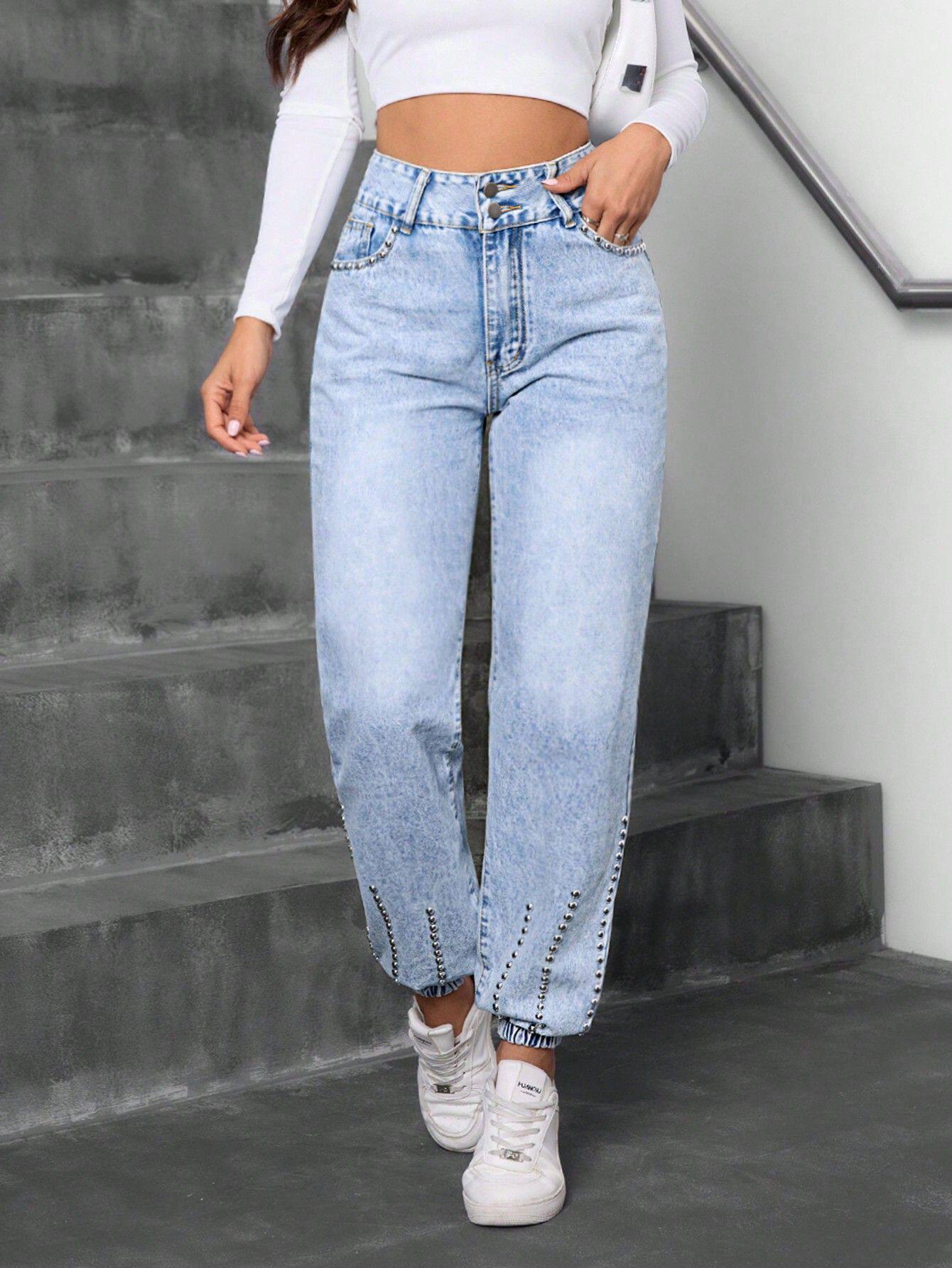 Casual Denim Pants for Women Beaded Detail Versatile Style Comfortable Fit Perfect for Everyday Wear Wholesale