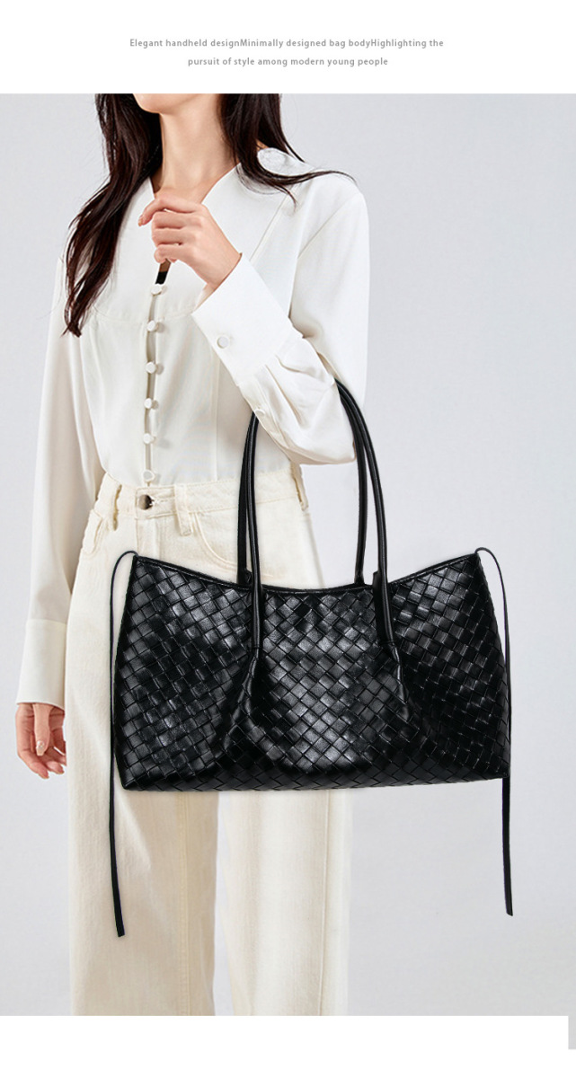 Túi tote nữ cỡ lớn dáng ngang đan thủ công có túi con — B2389-1 # màu đen