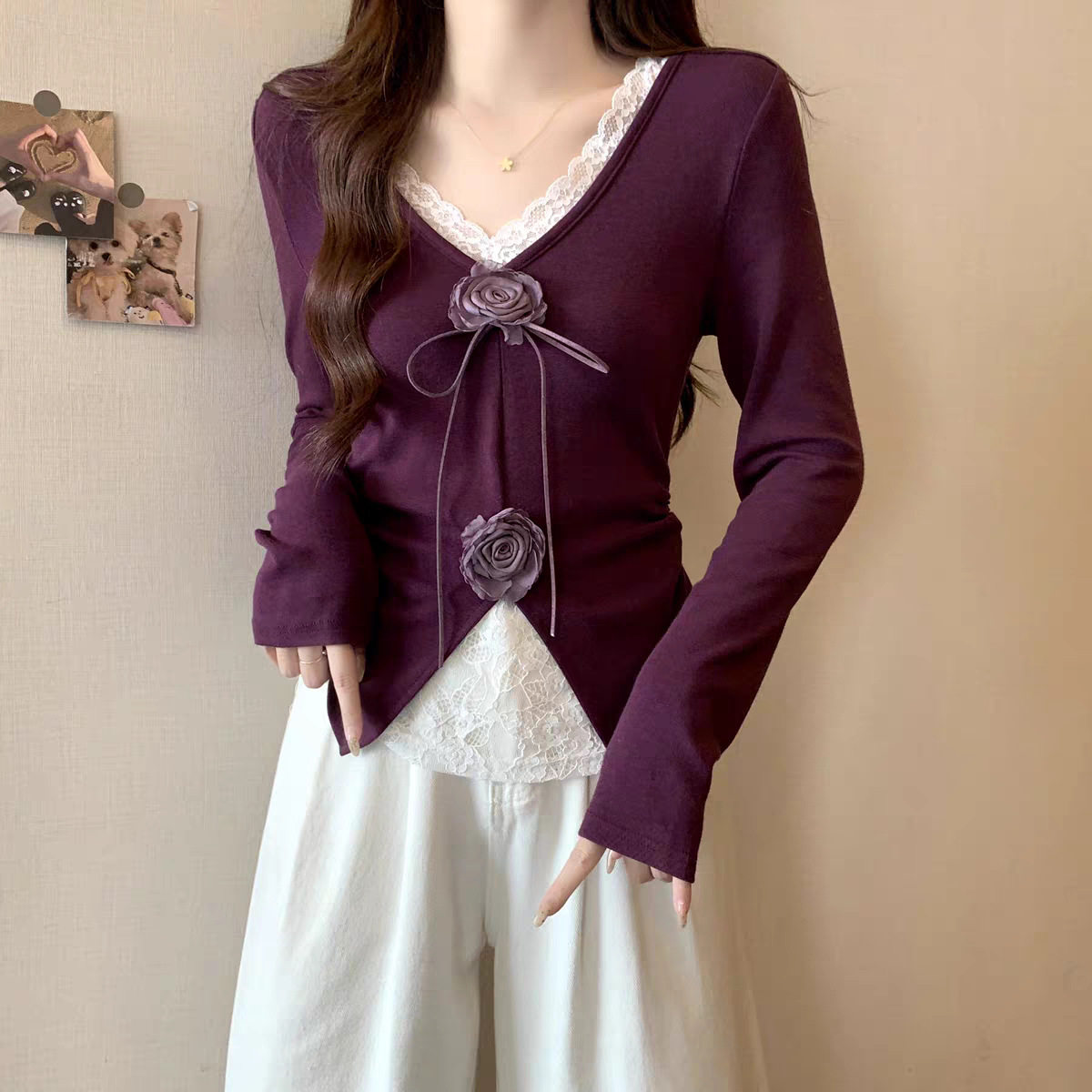 Lace Panel Long Sleeve T Shirt for Women Slim Fit Waist Design Autumn Fashion Available in Purple and Apricot Wholesale