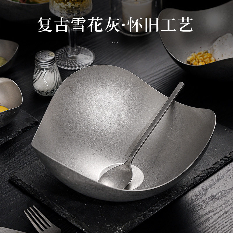 Retro Special-Shaped Plate, Creative Asymmetrical Plate, High-End Stainless Steel Outdoor Tableware, Home Commercial Western Food Plate