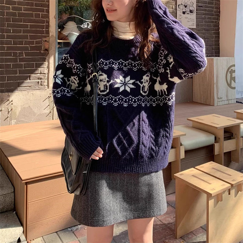 韩版复古圣诞氛围感提花毛衣女秋冬宽松保暖圆领套头针织衫上衣