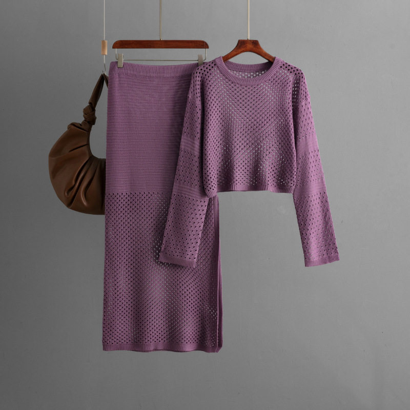 欧美跨境女装2024新款夏季镂空针织衫长款半身裙时尚两件套裙装