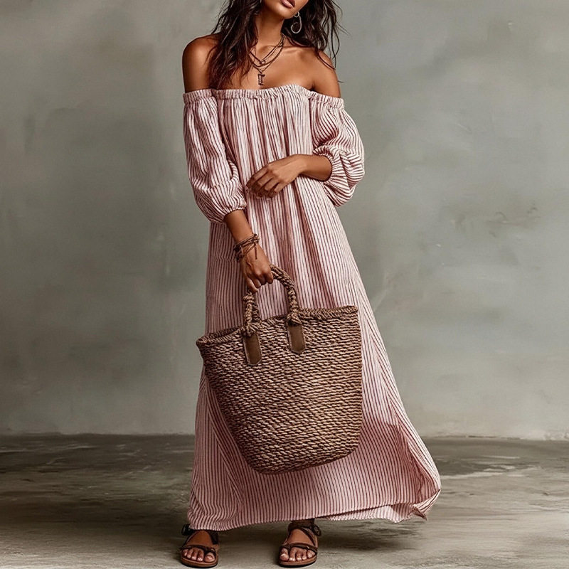 Off Shoulder Maxi Dress Solid Color Casual Loose Fit Summer Style Perfect for Vacation and Relaxation Wholesale
