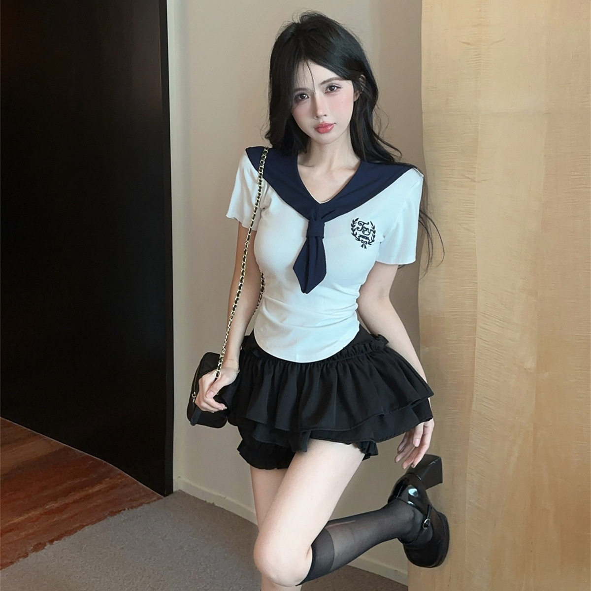 Internet Celebrant Sweet Girl College Style JK Uniform Navy Collar Short-sleeved Slim-fit Top Cake Half-length Skirt Two-piece Set