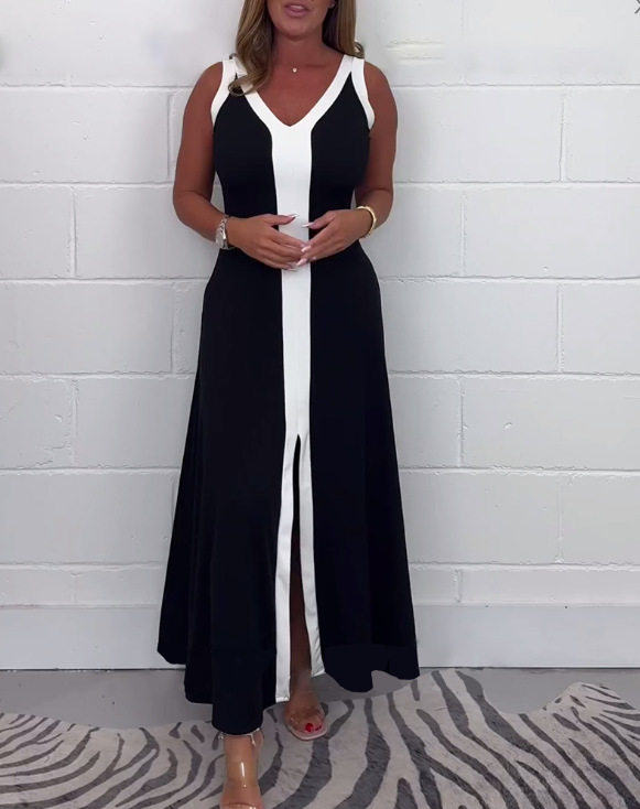 Elegant Color Block Sleeveless Dress V Neck Fall Collection Perfect for Casual or Formal Occasions Wholesale Available
