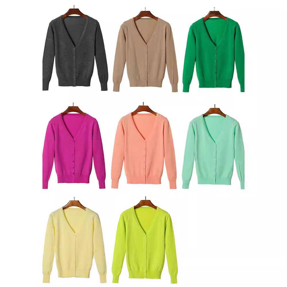 现货跨境货源女装V领春秋针织开衫女款纯色长袖v领外搭薄毛衣大码