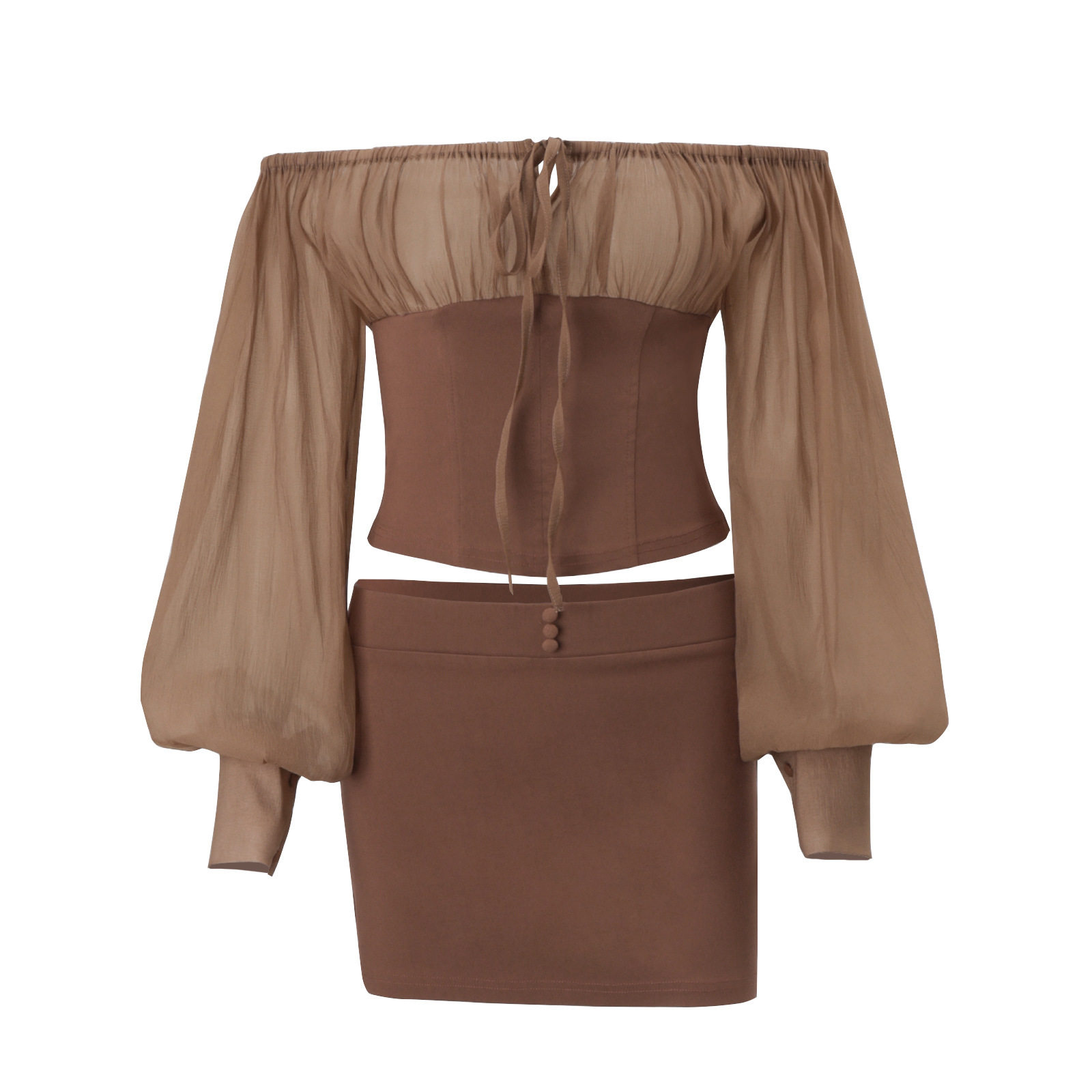 Off Shoulder Vintage Mesh Long Sleeve Top and Bodycon Mini Skirt Set Sexy Elegant Autumn Wholesale Available