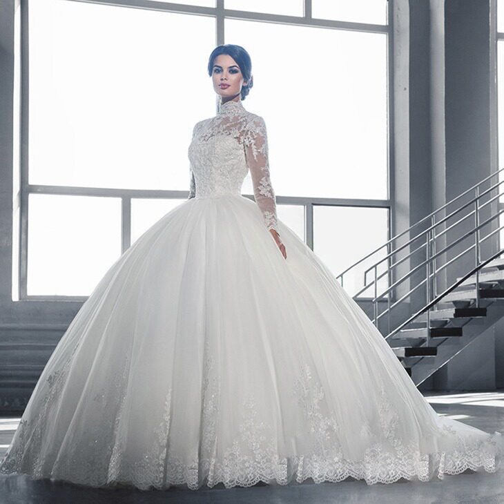 Bridal wedding dress lace tube top see-through tulle long-sleeved main wedding dress