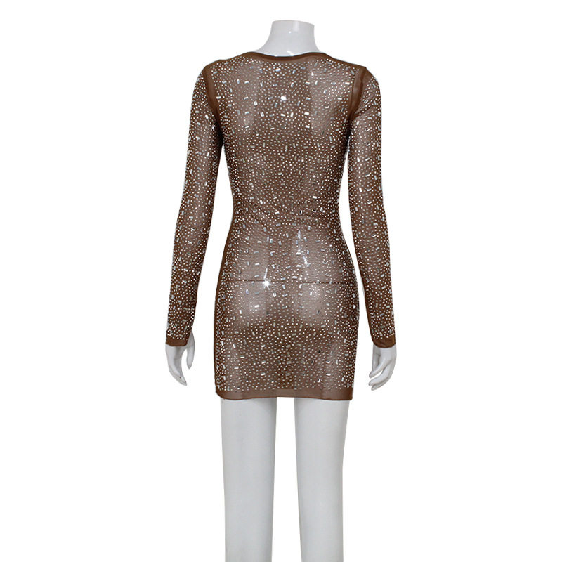 Elegant Square Neck Long Sleeve Dress with Rhinestones High Waist Chic Style Perfect for Parties and Events Wholesale