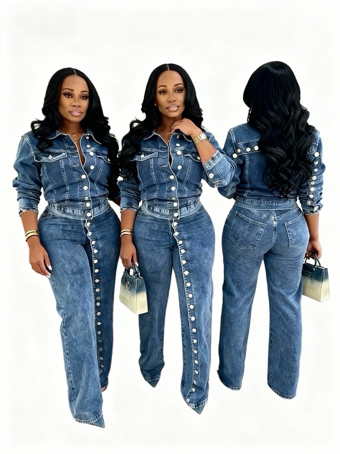 Tk6348 European and American Fashion Women's Sexy High-Elastic Buttoned Washed Denim Casual Suit Two-Piece Set