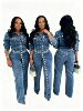 Tk6348 European and American Fashion Women's Sexy High-Elastic Buttoned Washed Denim Casual Suit Two-Piece Set