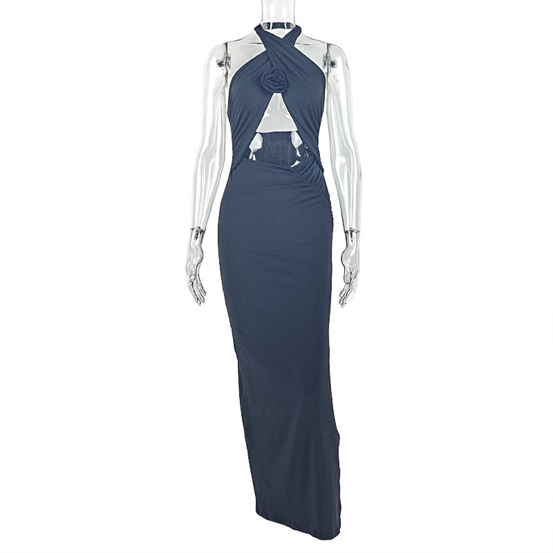 Hollow Out Backless Bodycon Dress Sleeveless Halter Neck Solid Color Elegant Design Perfect for Parties and Events