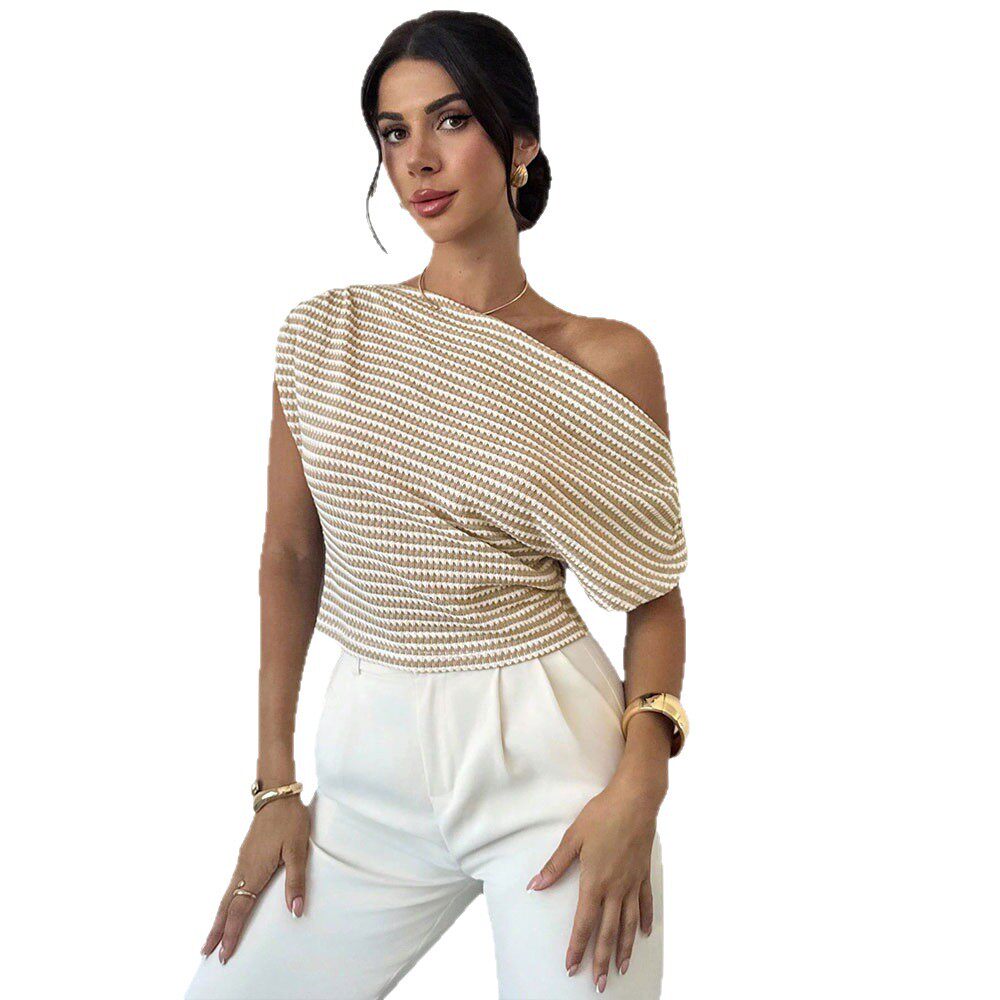Summer Striped Short Sleeve Top One Shoulder Design Fitted Waist Versatile Knit Casual Office Wear Wholesale