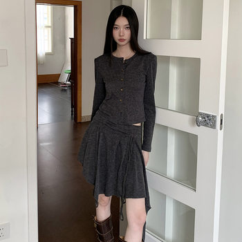 Dress Suit Women's Design Niche Slimming Look Knitted Cardigan + Asymmetrical Skirt Two-Piece Set Autumn