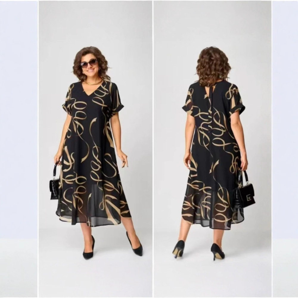 2025欧美时尚新款跨境优雅印花V领连衣裙大码女装气质通勤中长裙