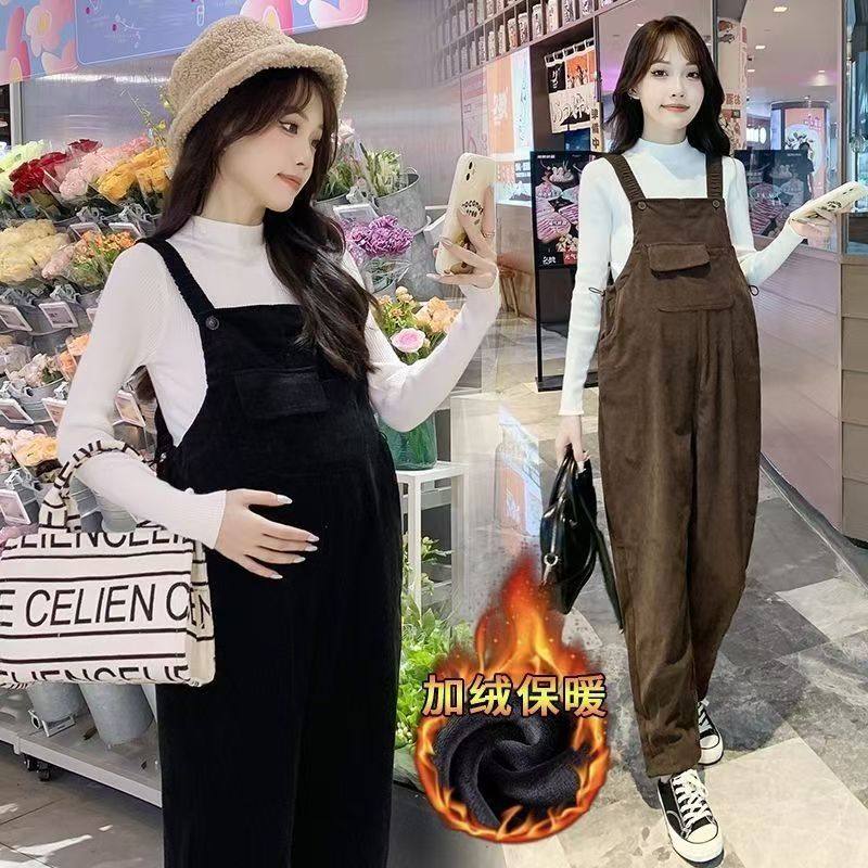 Maternity Overalls Set Spring and Autumn Fashion New Style Fleece-Lined Maternity Pants Sweater Loose Plus Size Maternity Wear Casual Pants