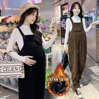 Maternity Overalls Set Spring and Autumn Fashion New Style Fleece-Lined Maternity Pants Sweater Loose Plus Size Maternity Wear Casual Pants
