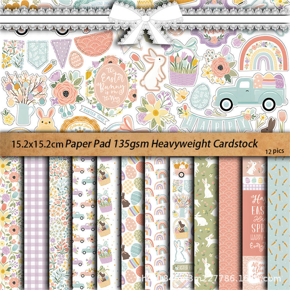 12 листов трансграничной бумаги Amazon happy Easter retro background, ручная работа, европейский и американский материал для коллажей, бумага-основа, партия бумаги-основы Изображение 1
