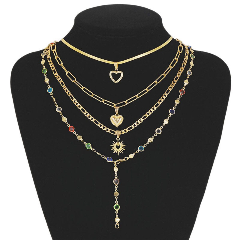 镶嵌彩钻爱心吊坠流苏项链四件套装百搭小众轻奢气质项饰叠戴锁骨