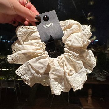 Real Shot of Korean New Lace Scrunchie with a High-End Feel, Korean-Style Bun Hair Tie with Hand-Sewn Bow Hair Accessory