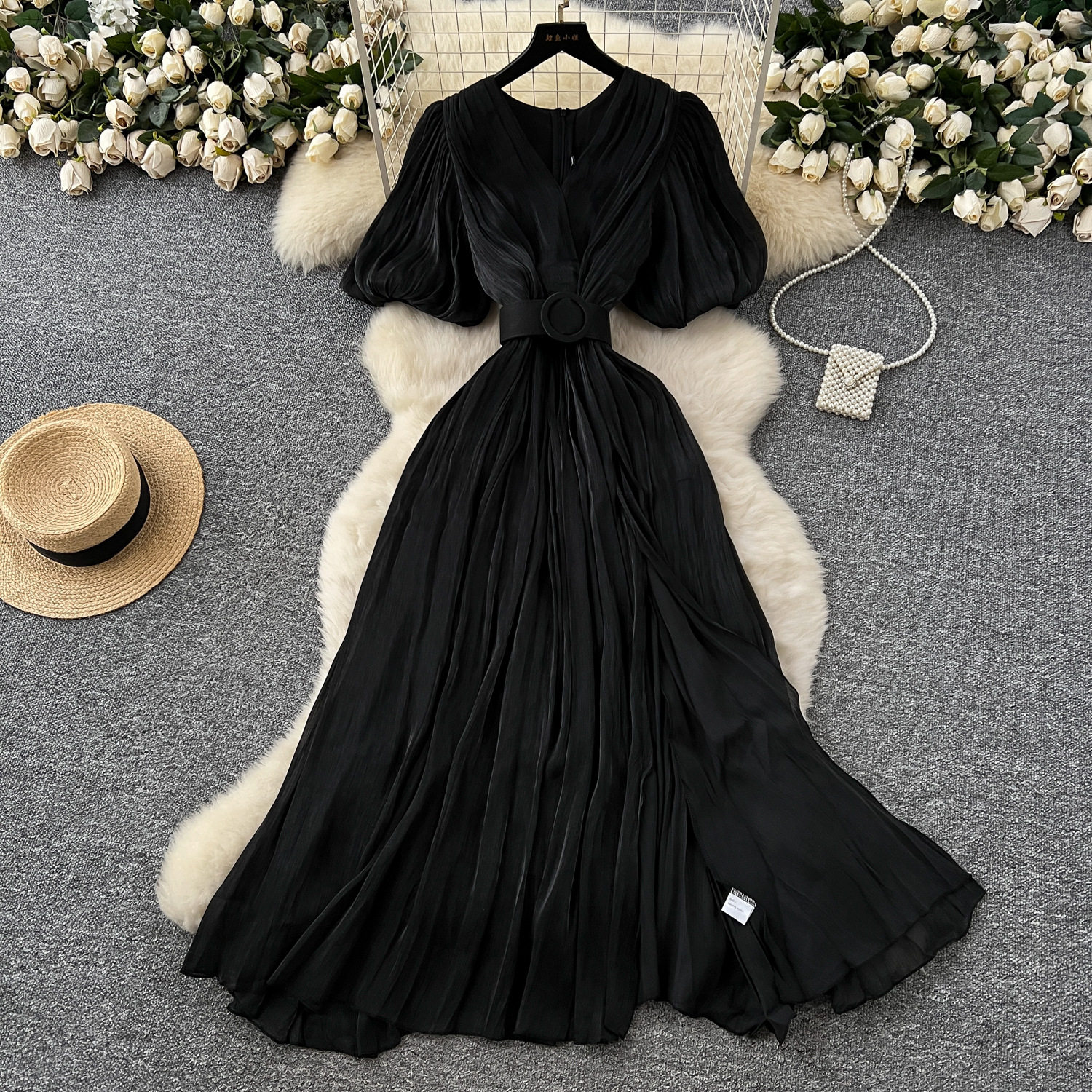 Elegant Puff Sleeve Maxi Dress for Women V Neck High Waist Design Summer Evening Wear