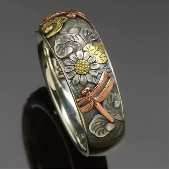 Coffee billion tide flow Amazon new cross-border hot selling retro style carved ring flower dragonfly sunflower ring