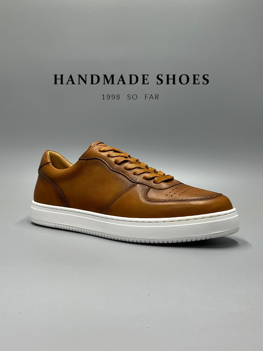 Giày sneaker nam da bò lớp đầu tiên đế bằng đệm khí cổ điển dễ phối — Màu nâu, Màu đen, Màu trắng