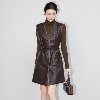 2513808-Nanyou French Style Small Fragrant Protein Leather Vest Sleeveless Dress + Knitted Bottoming Shirt Two-Piece Suit