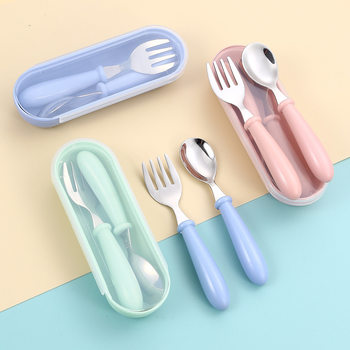 Cartoon 304 Stainless Steel Children's Tableware Fork Spoon Box Three-piece Set Baby Tableware Mother and Baby Gift Spoon Fork Round Handle