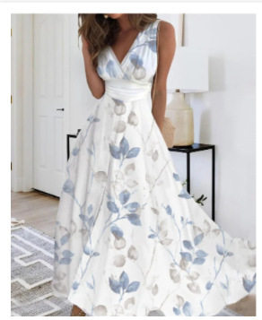 2023亚马逊欧美跨境女装夏季新款V领高腰无袖印花性感背心连衣裙