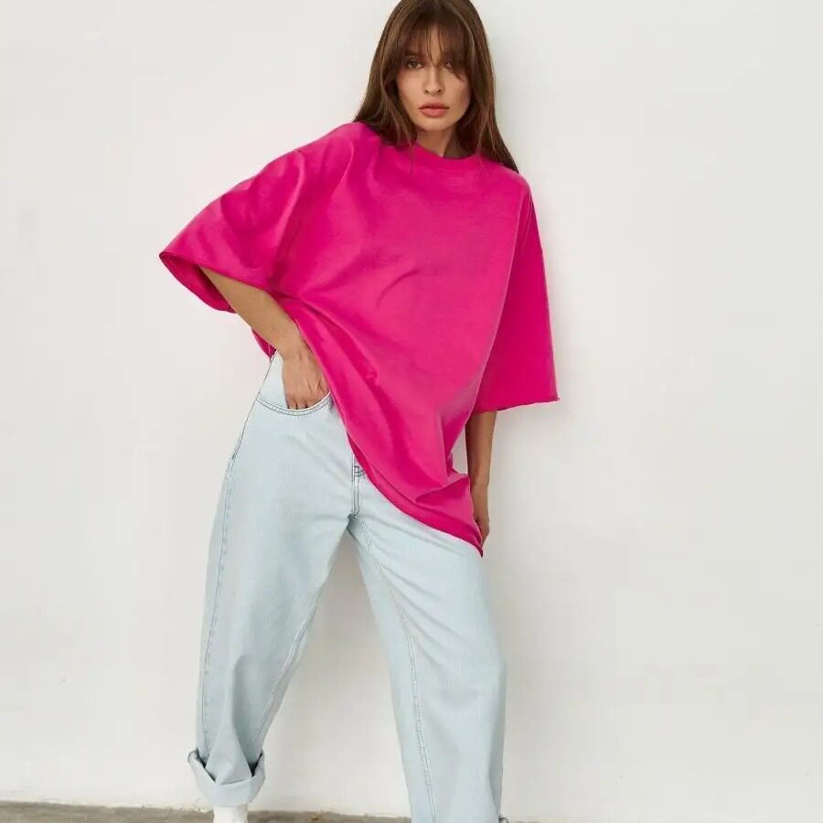Womens Loose Fit Cotton T Shirt 260g Fabric Short Sleeve Solid Color Spring Summer Casual Wear Wholesale Available