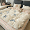 Ins Stereo Bow Thickeneded Warm Rabbit Plush Four-Piece Quilt Cover Milk Coral Velvet Dormitory Three-Piece Set